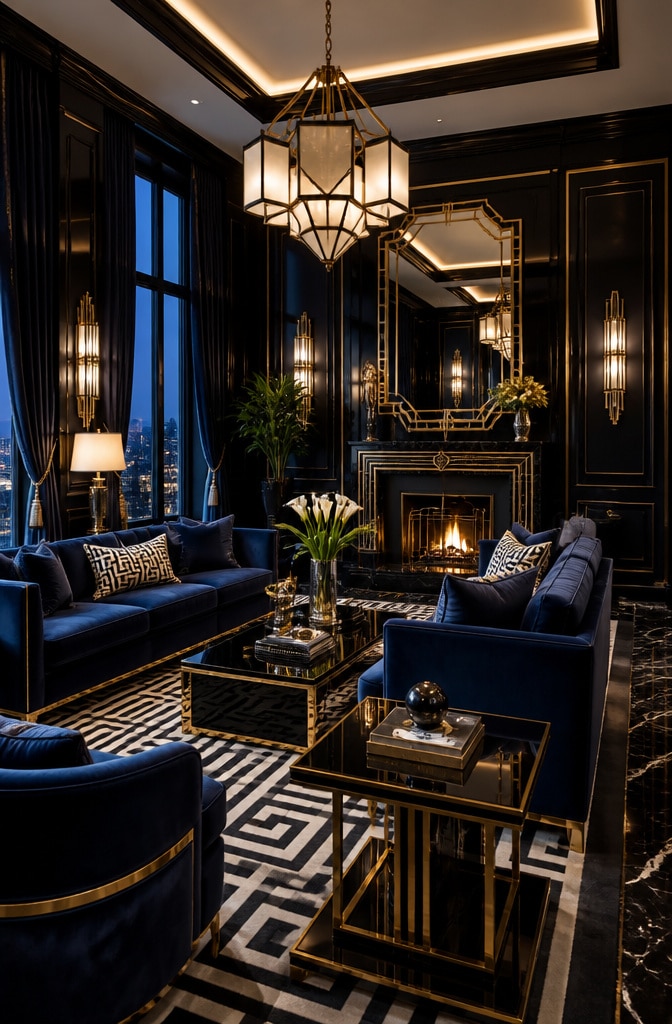 Art Deco Navy Blue Living Room