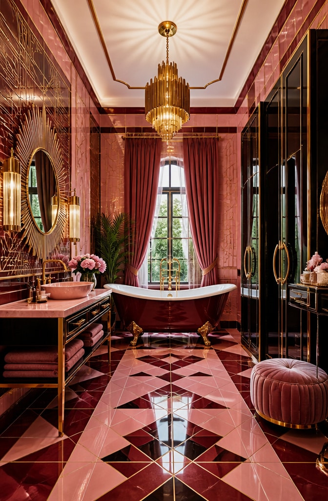 Art Deco Red and Pink Glam Bathroom