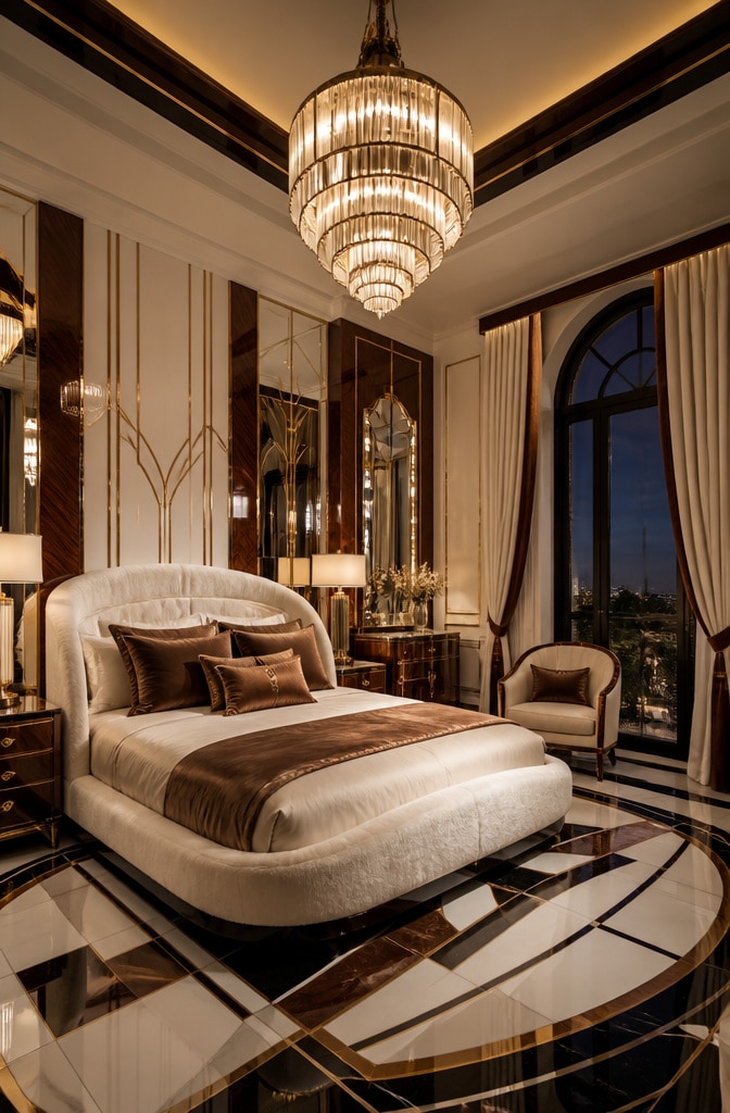Art Deco White and Brown Bedroom