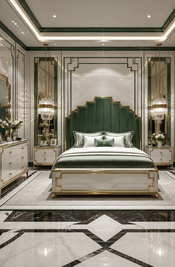 Art Deco White and Sage Green Bedroom