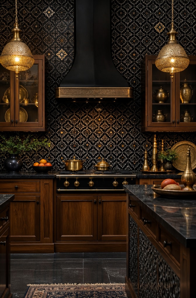 Black Moroccan Patterned Tiles Kitchen