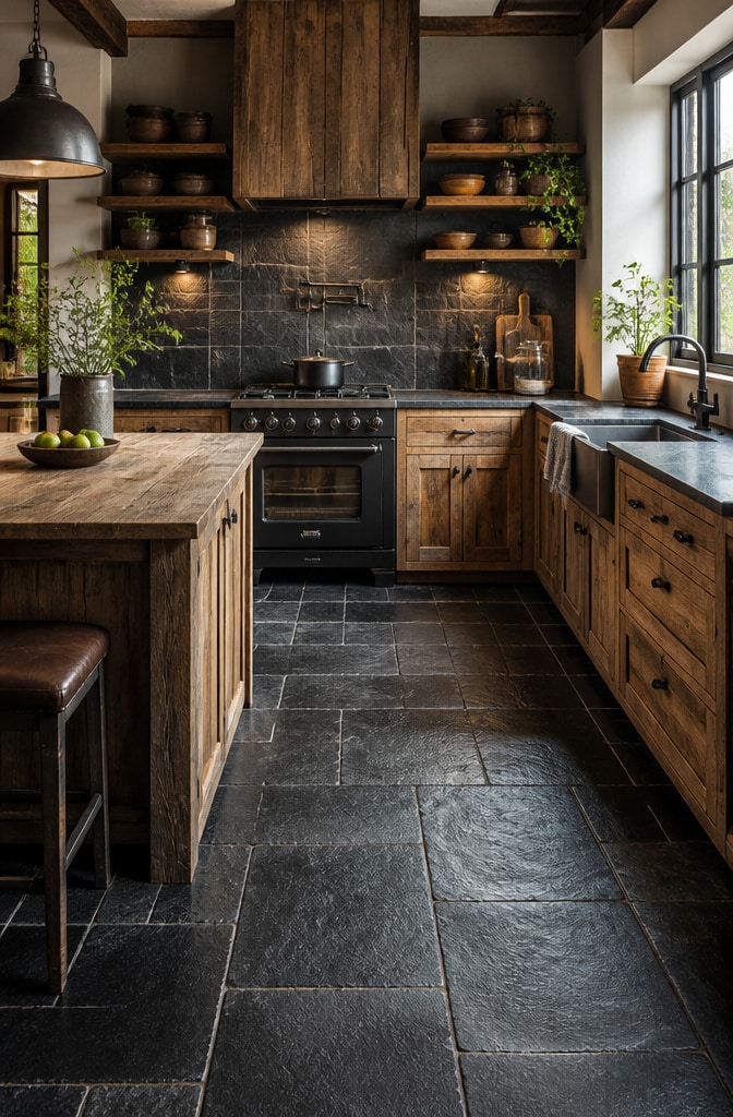 Black Slate Tiles Rustic Kitchen