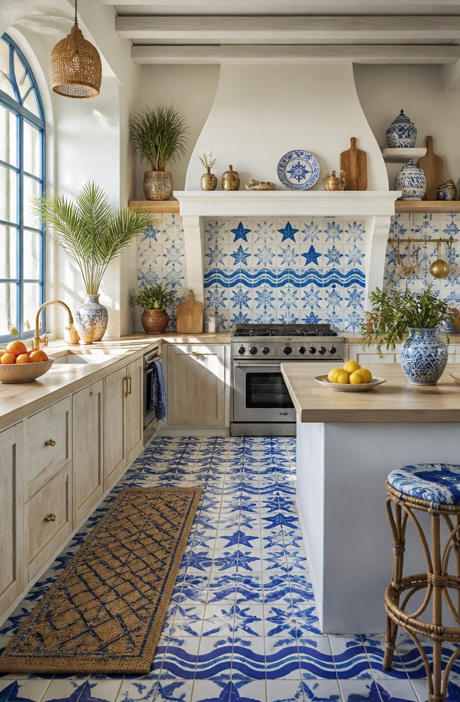 Blue and White Coastal Moroccan Tile Kitchen