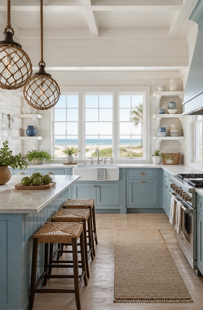 Blue Coastal Cottage Kitchen with Open Shelving