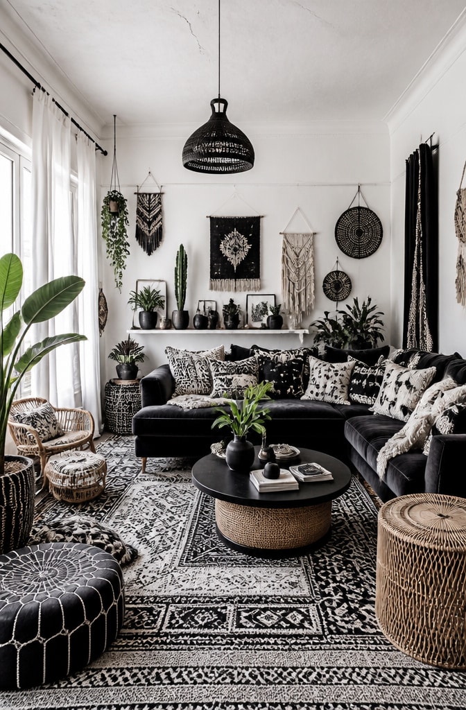 Bohemian Black and White Eclectic Living Room