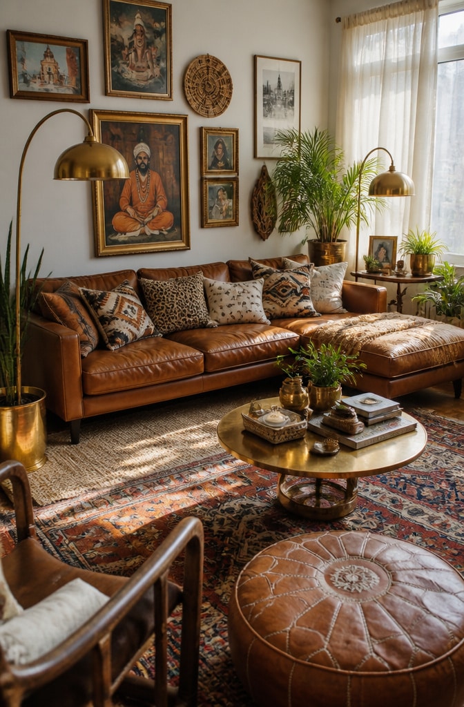 Bohemian Brown and Gold Eclectic Living Room