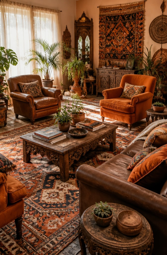 Bohemian Brown and Orange Eclectic Living Room
