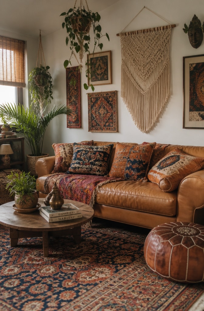 Bohemian Brown Leather Couch Living Room