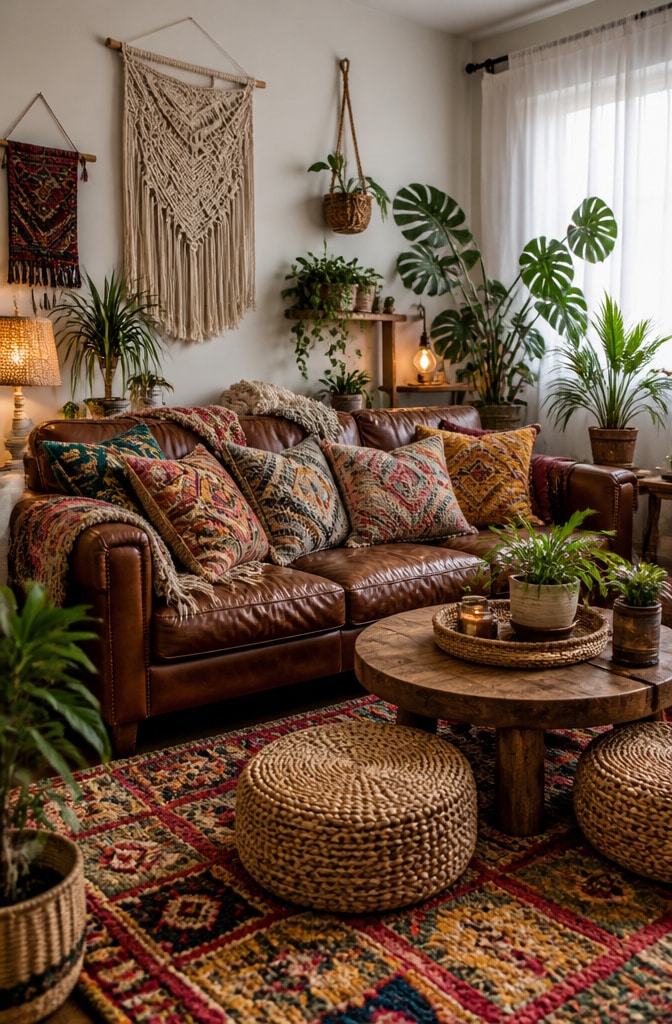Bohemian Brown Leather Sofa Living Room