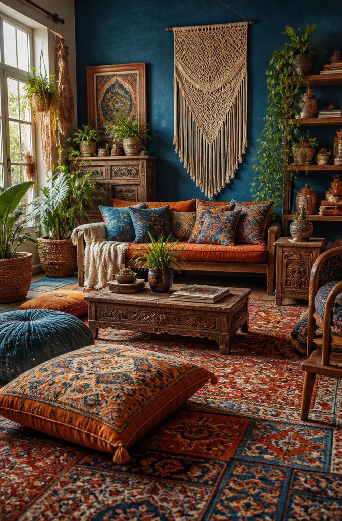Bohemian Chic Blue and Orange Living Room