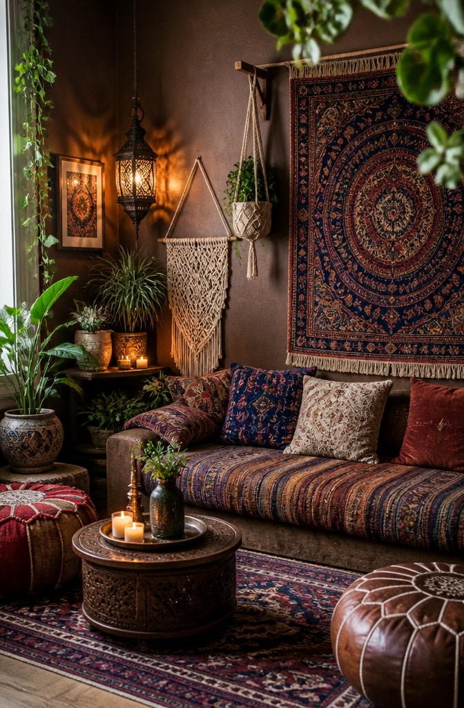 Bohemian Chic Brown Walls Living Room