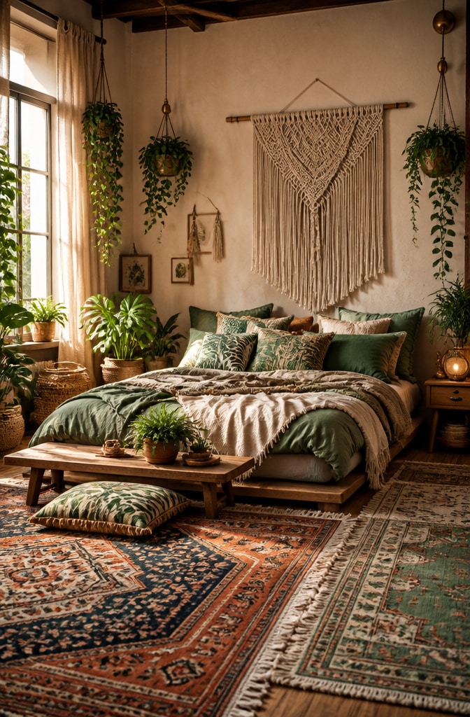 Bohemian Chic Green and Beige Bedroom