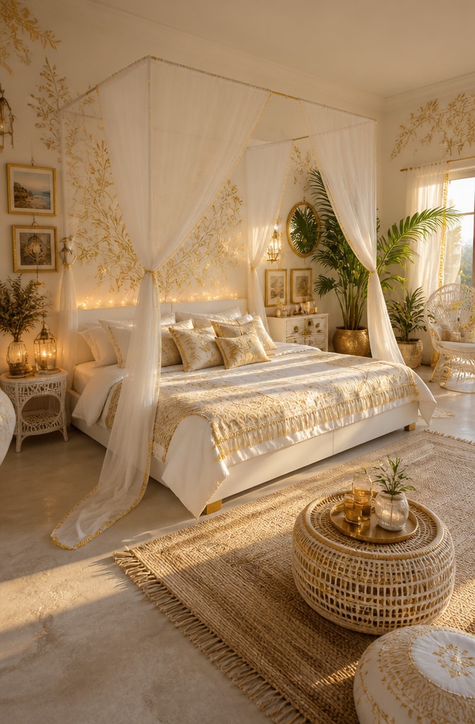 Bohemian Chic White and Gold Bedroom