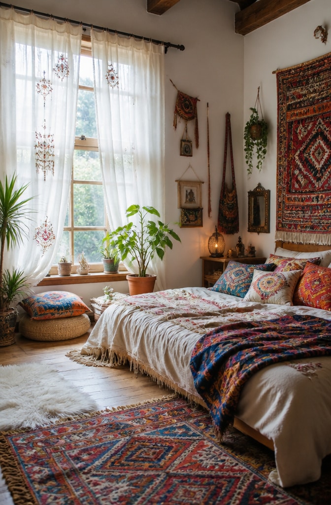 Bohemian Chic White Curtains Bedroom