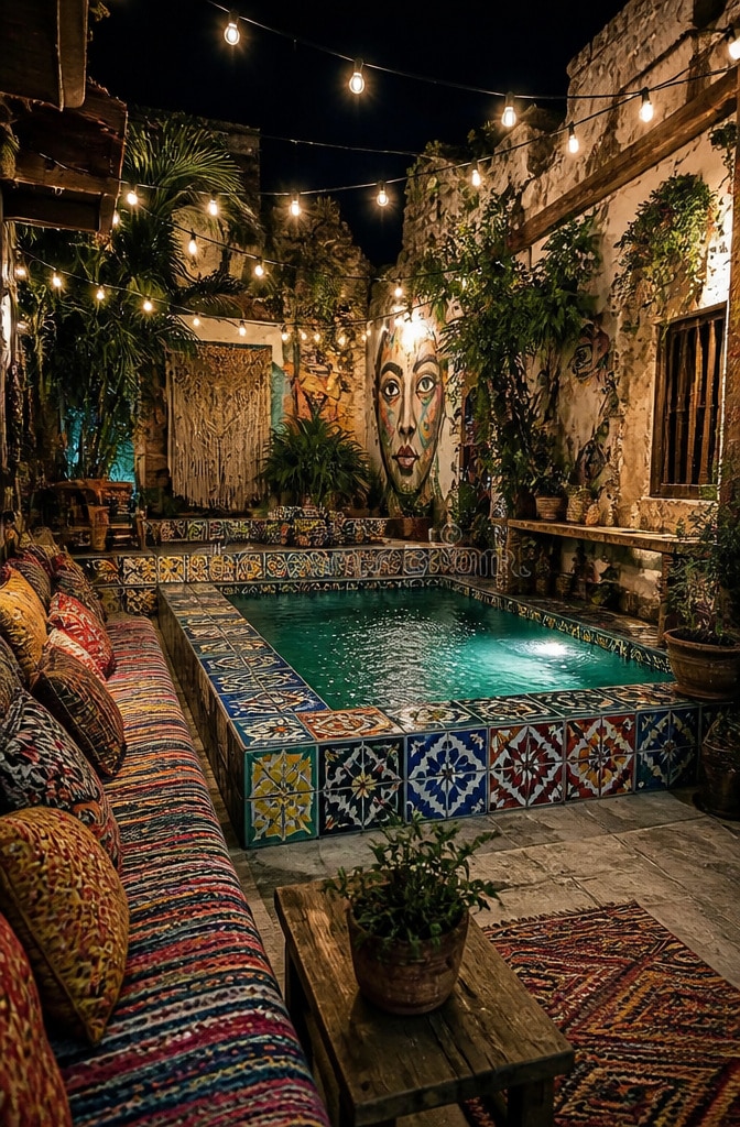 Bohemian Courtyard Plunge Pool with Colorful Tiles