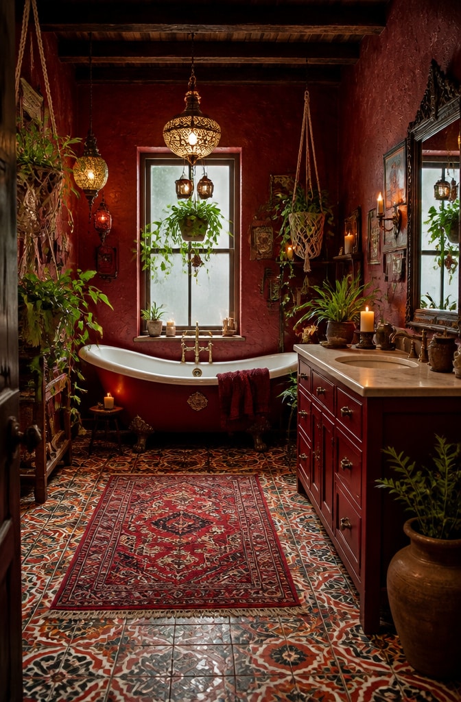 Bohemian Dark Red Eclectic Bathroom