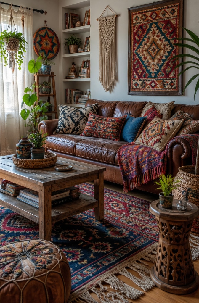 Bohemian Eclectic Brown Leather Sofa Living Room