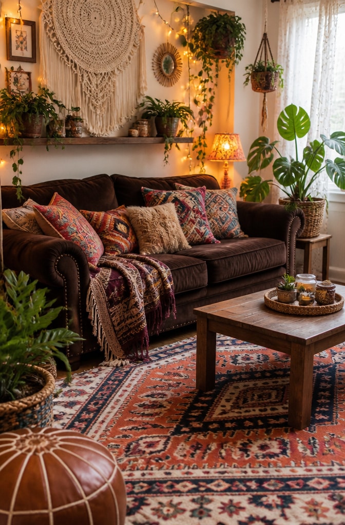 Bohemian Eclectic Chocolate Brown Couch Living Room
