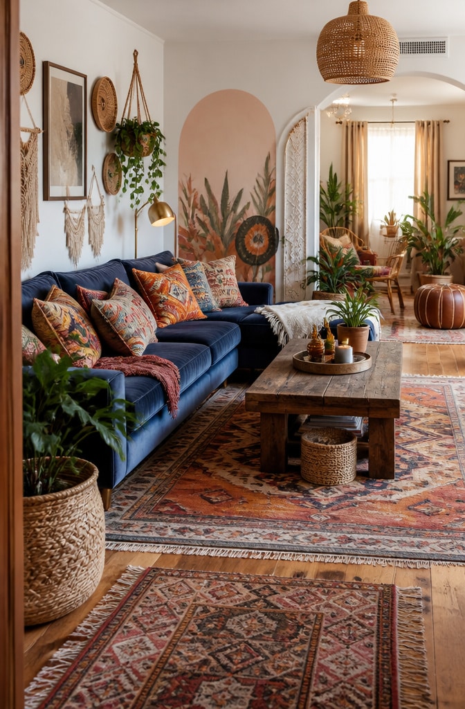 Bohemian Eclectic Dark Blue Sofa Living Room
