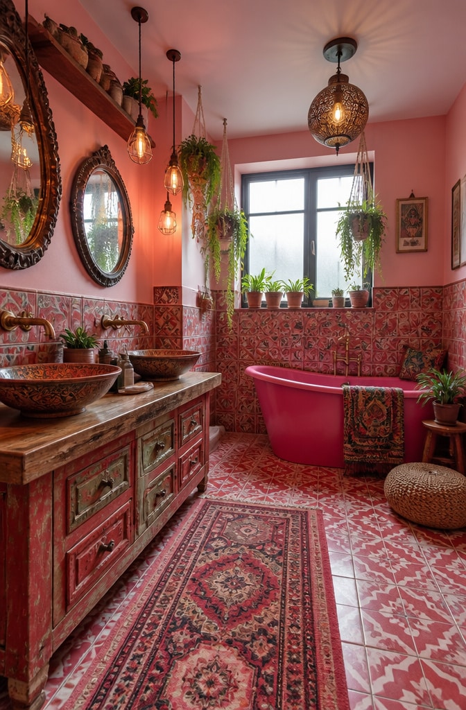 Bohemian Pink and Red Eclectic Bathroom