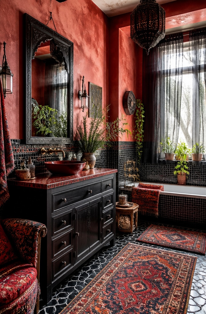 Bohemian Red and Black Eclectic Bathroom