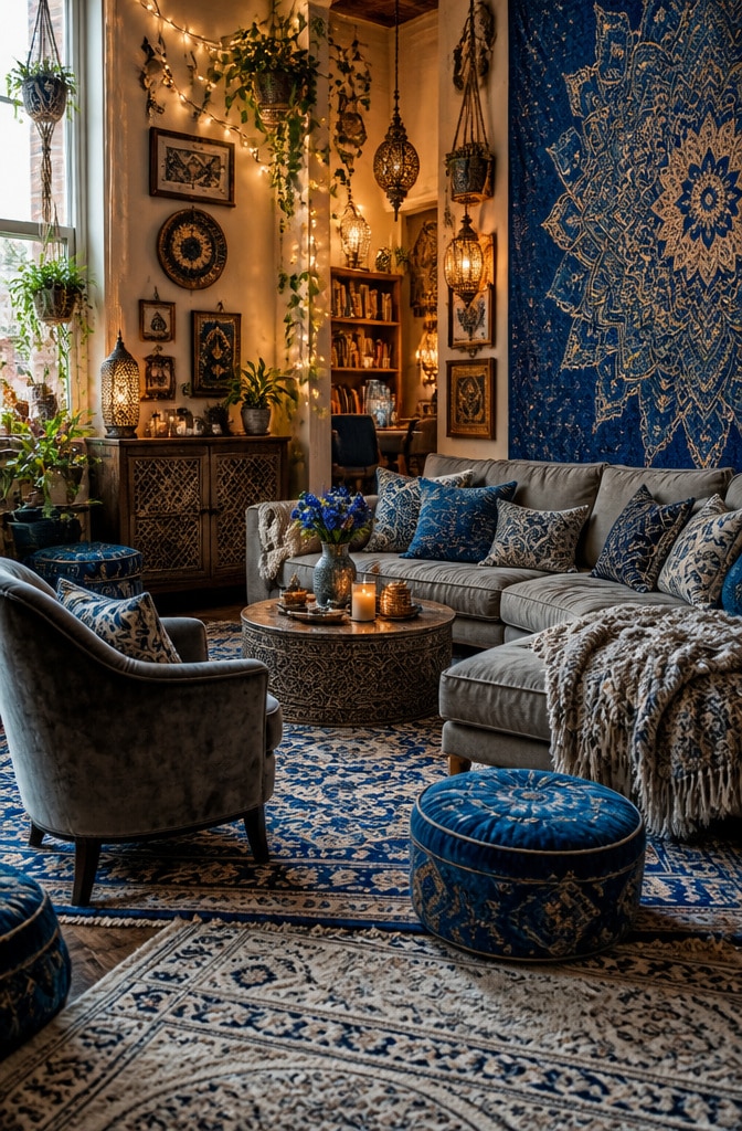 Bohemian Royal Blue and Grey Eclectic Living Room