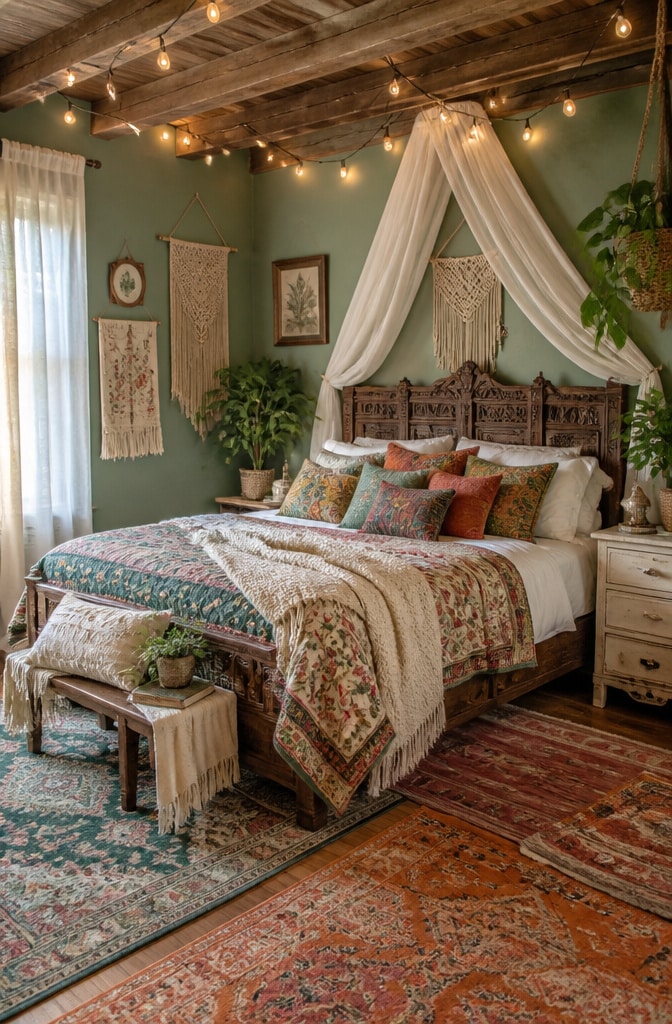 Bohemian Sage Green Farmhouse Bedroom