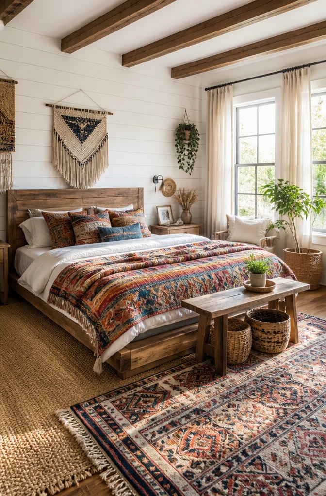 Boho Farmhouse Bedroom with Eclectic Textiles