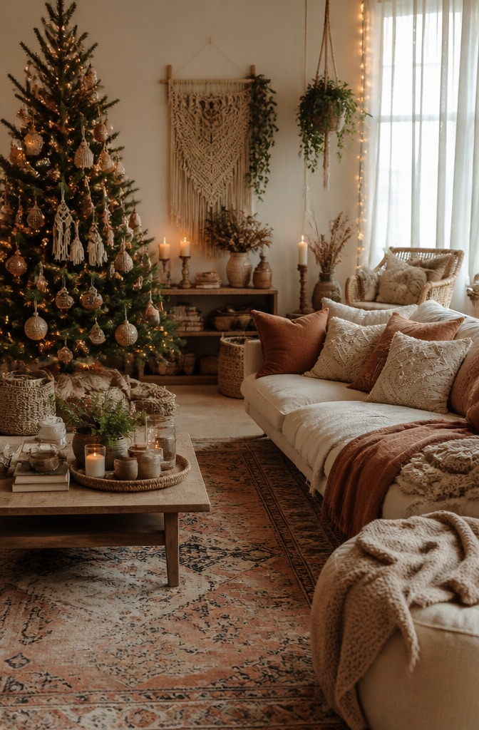 Boho Neutral Christmas Living Room with Natural Textures