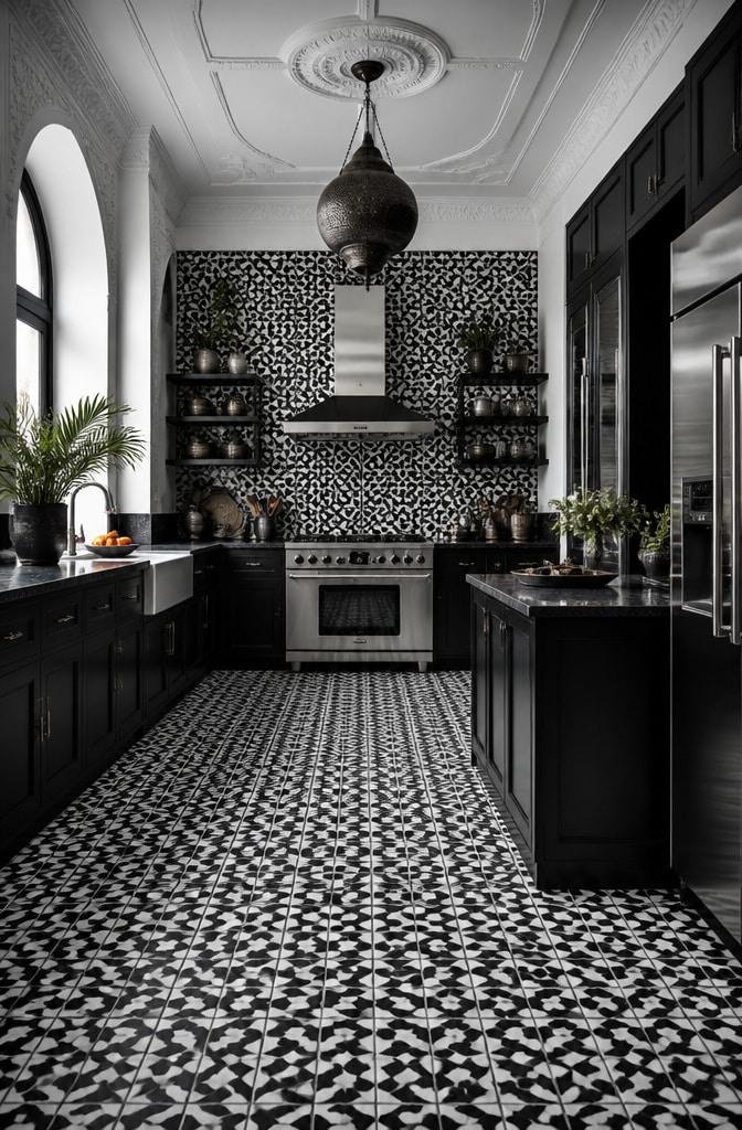 Bold Black and White Moroccan Tile Kitchen
