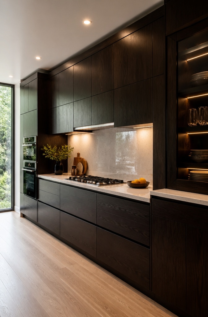 Bold Dark Stained Red Oak Cabinets