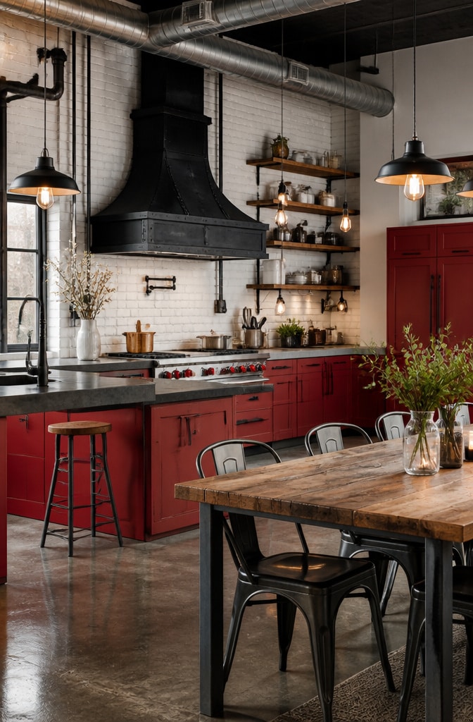 Bold Industrial Red Farmhouse Kitchen