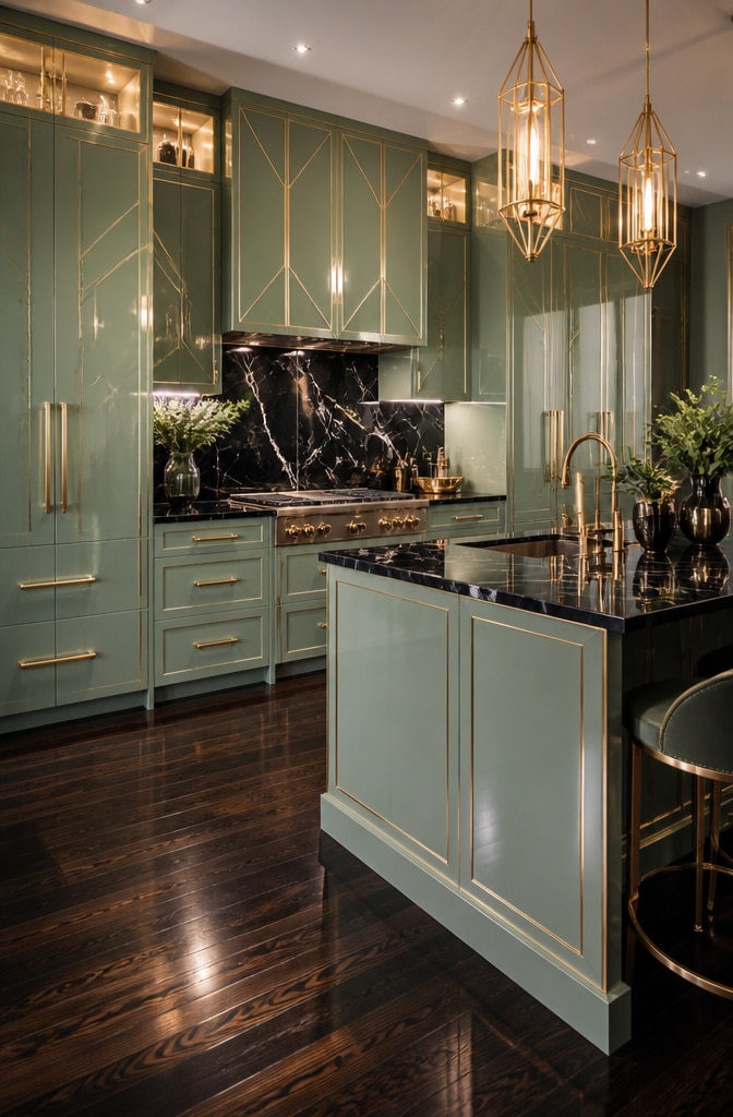 Bold Light Green Art Deco Kitchen Cabinets