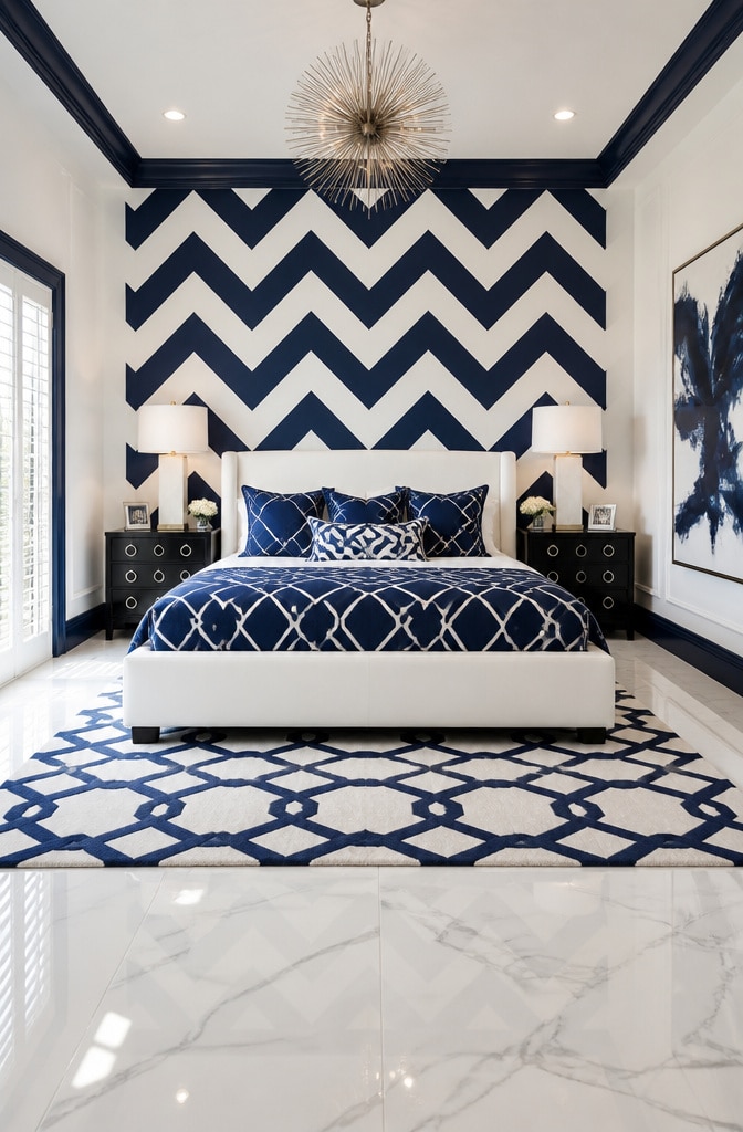 Bold Navy and White Graphic Bedroom