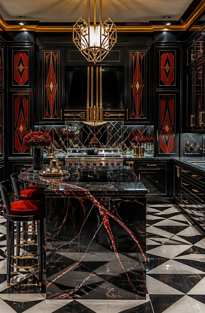 Bold Red and Black Art Deco Kitchen