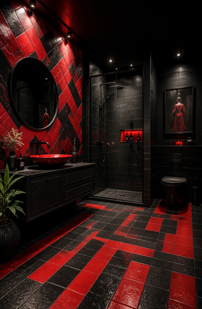 Bold Red and Black Tile Bathroom