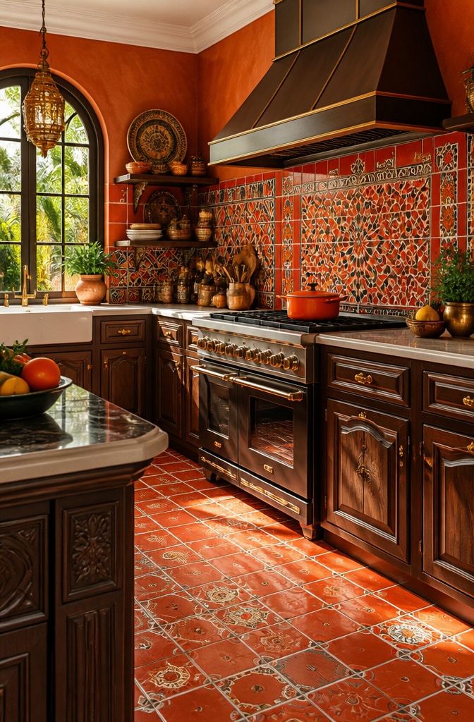 Bold Red and Orange Moroccan Tile Kitchen