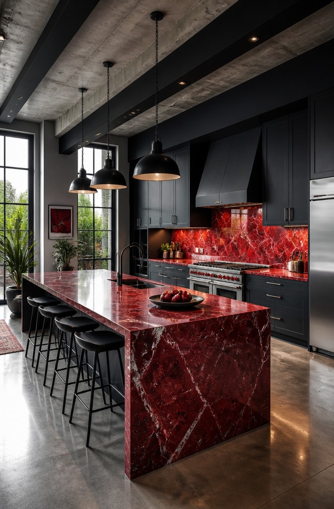 Bold Red Marble Kitchen with Dark Gray Cabinets