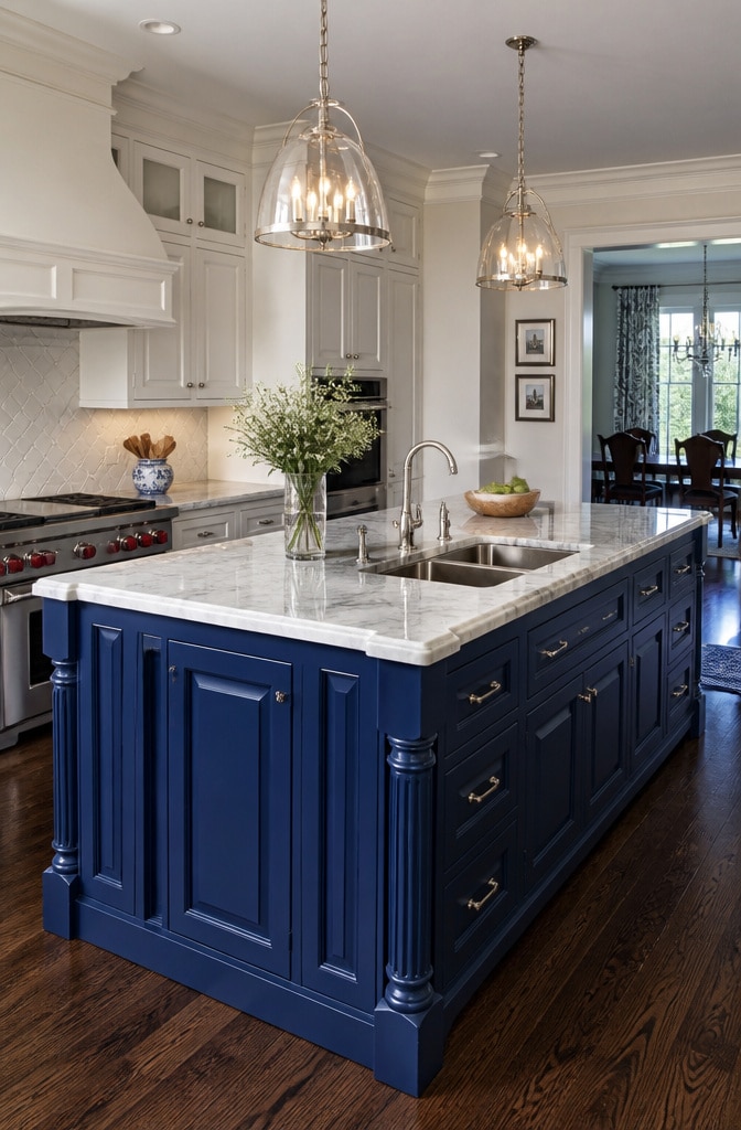Bold Royal Blue Kitchen Island with Marble Top