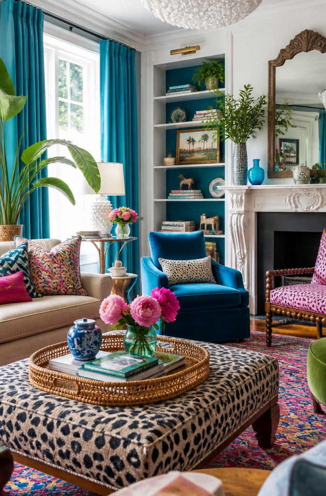 Bright Eclectic Living Room with Turquoise Curtains