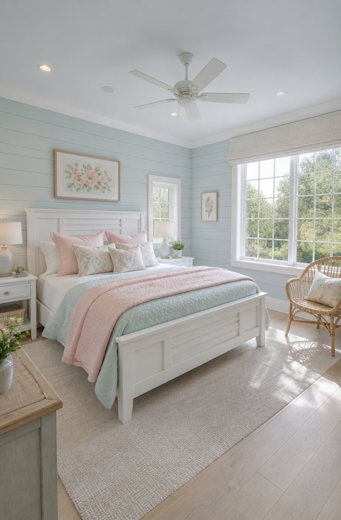 Bright Farmhouse with Pastel Accents Bedroom
