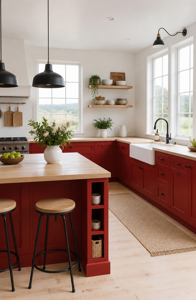 Bright Red Farmhouse Kitchen with Scandinavian Influence