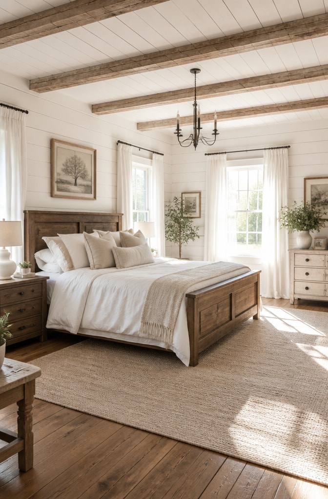Bright Whitewashed Farmhouse Bedroom