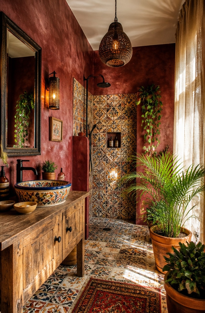 Burgundy Bohemian Eclectic Bathroom