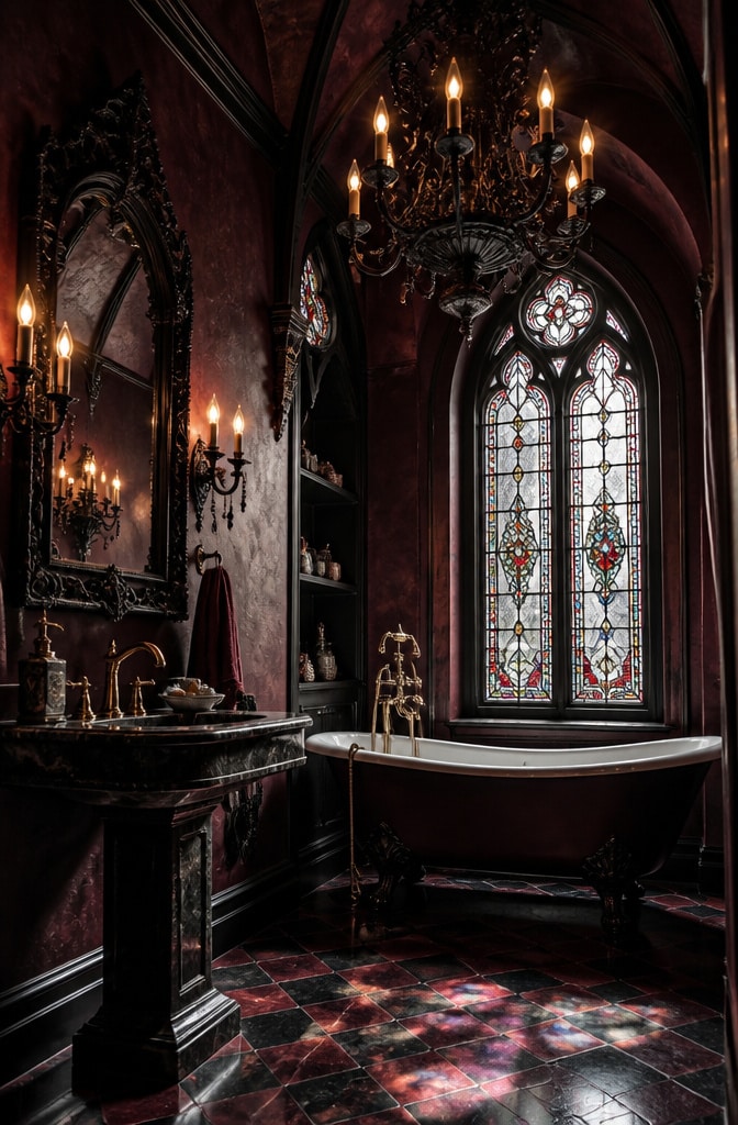 Burgundy Gothic Revival Bathroom