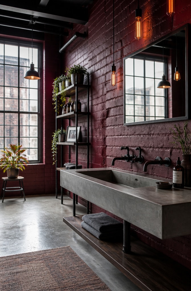 Burgundy Industrial Loft Bathroom