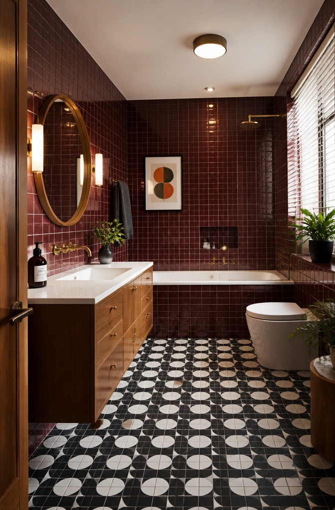 Burgundy Mid-Century Modern Bathroom