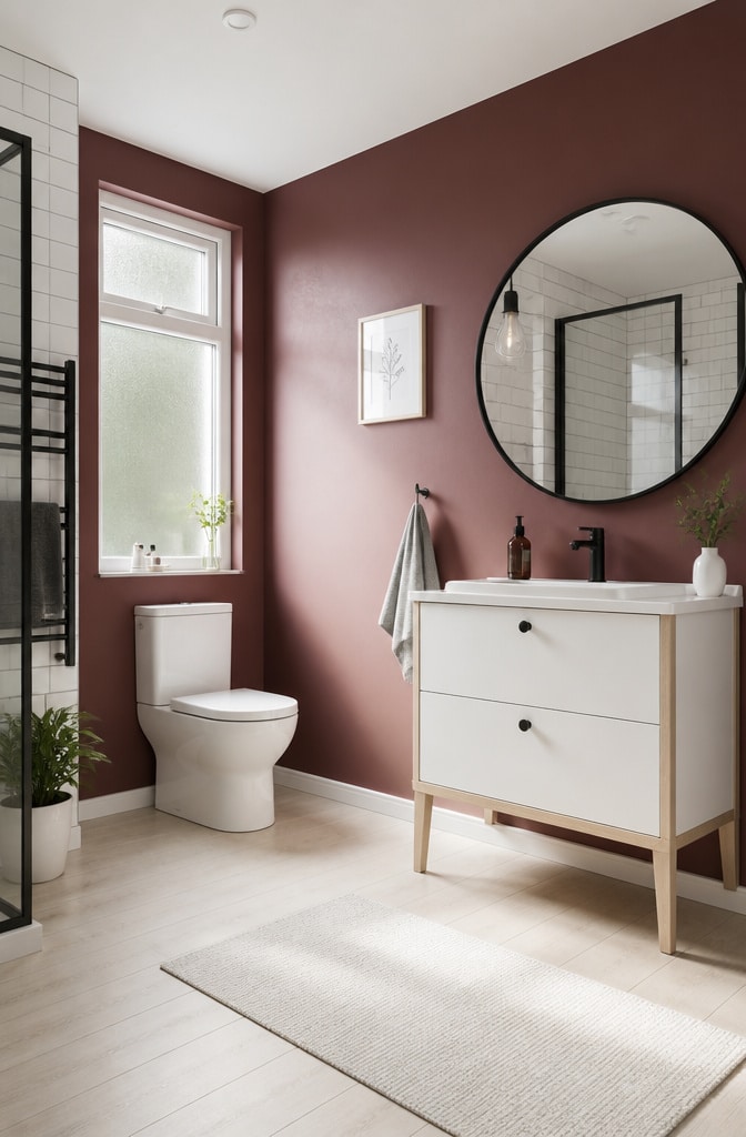 Burgundy Scandinavian Minimal Bathroom