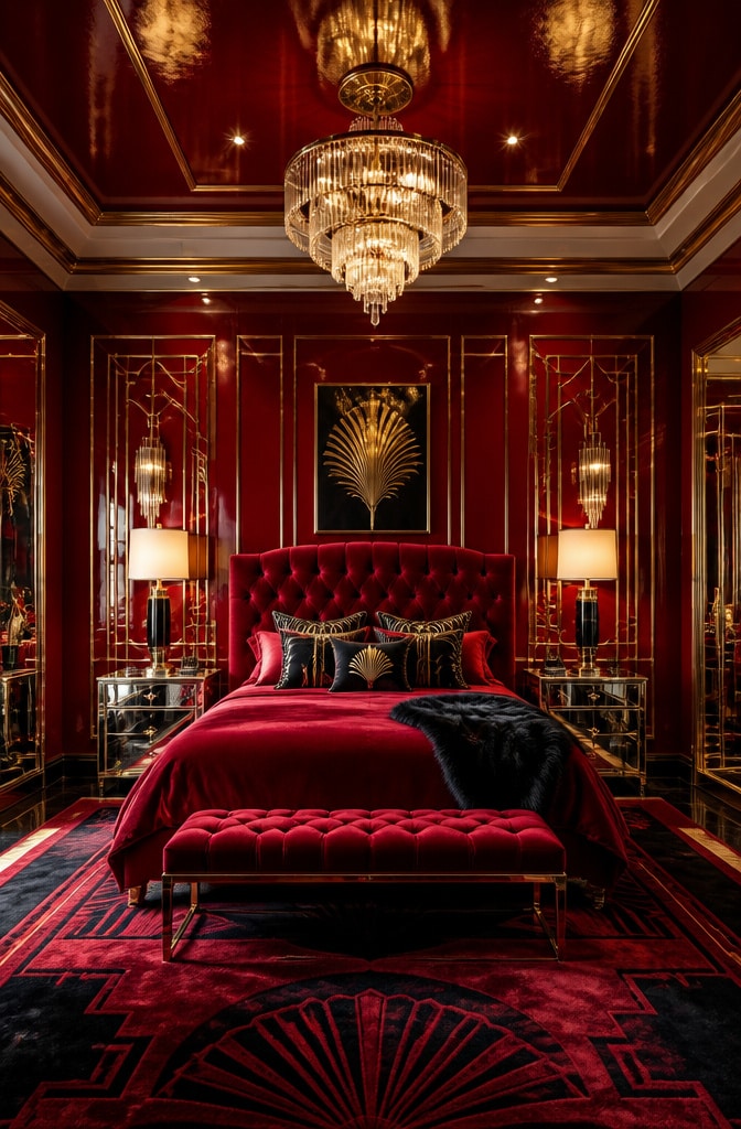 Cherry Red Art Deco Glam Bedroom