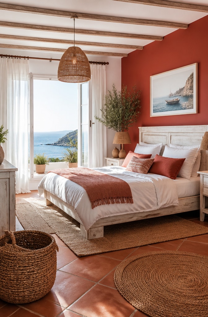 Cherry Red Coastal Mediterranean Bedroom